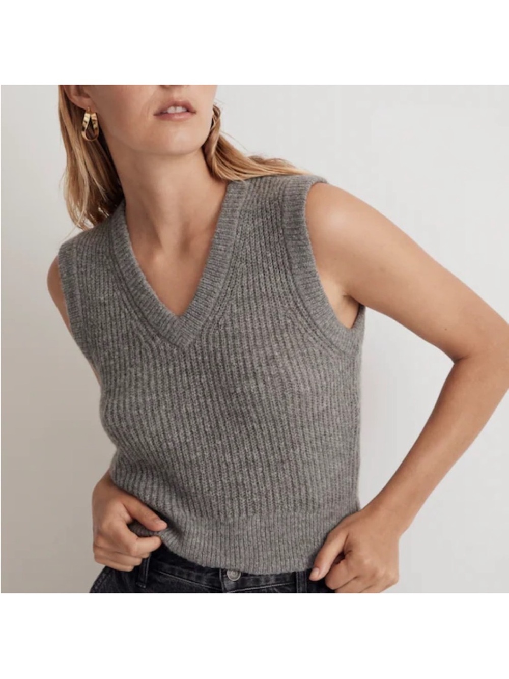 Madewell Romy Shrunken Sweater Alpaca Blend Vest Gray Ribbed V-Neck Knit XXL